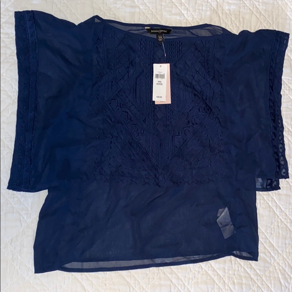 NWT Banana Republic Navy Sheer Embroidered Blouse